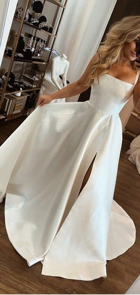 Simple Spaghetti Straps Square Sleeveless Side Slit With Train Popular Long Bridal Dress, Wedding Dresses, CPD150