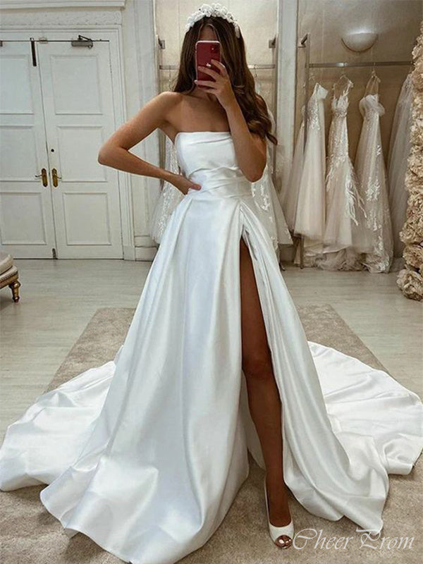 Sexy Strapless Sleeveless Side Slit With Train Popular Long Bridal Dress, Wedding Dresses, CPD152