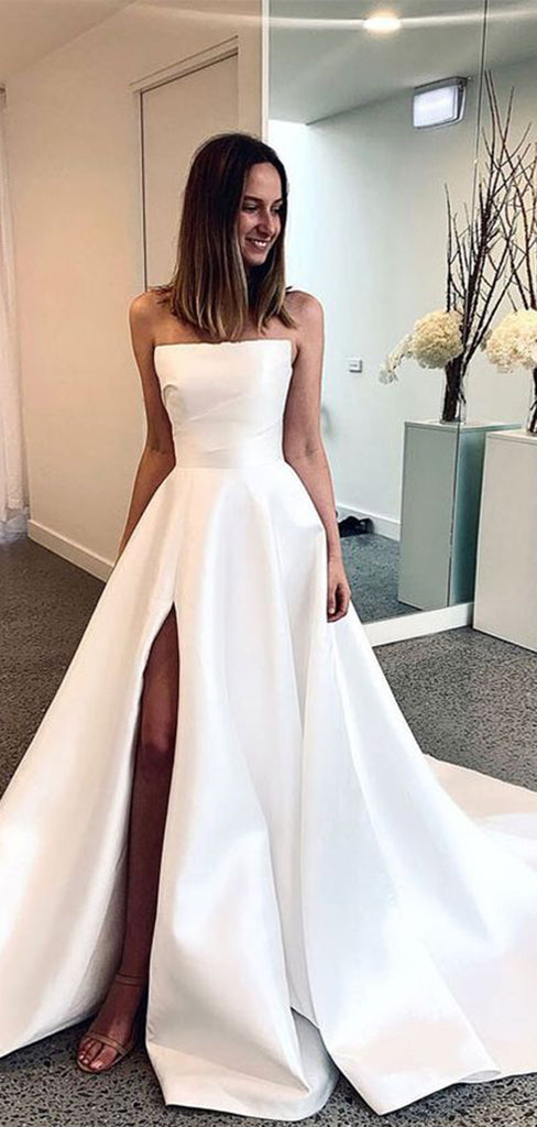 Simple Square Sleeveless Side Slit With Train Popular Long Bridal Dress, Wedding Dresses, CPD153