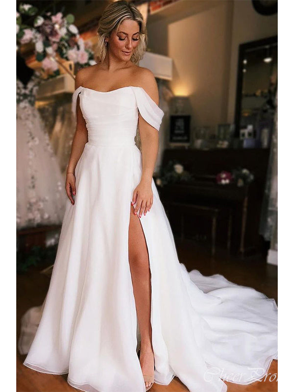 Simple Off Shoulder Sleeveless Side Slit With Train Popular Long Bridal Dress, Wedding Dresses, CPD154