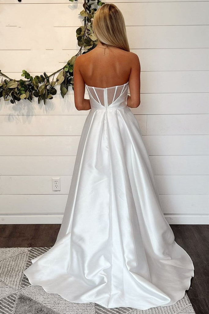 Simple Strapless Sleeveless Side Slit With Train Popular Long Bridal Dress, Wedding Dresses, CPD155