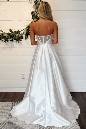 Simple Strapless Sleeveless Side Slit With Train Popular Long Bridal Dress, Wedding Dresses, CPD155