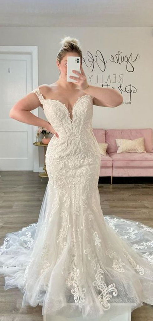 Elegant Off Shoulder V Neck Sleeveless With Train Lace Popular Long Bridal Dress, Wedding Dresses, CPD158