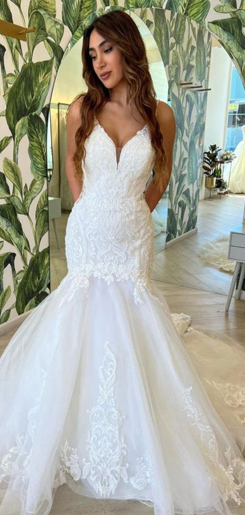 Sexy Sheath Spaghetti Straps V Neck Sleeveless With Train Lace Popular Long Bridal Dress, Wedding Dresses, CPD160