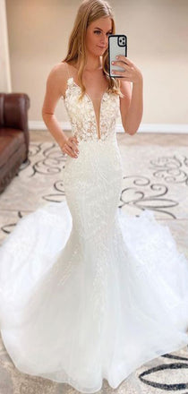 Romantic Spaghetti Straps V Neck Sleeveless With Train Lace Popular Long Bridal Dress, Wedding Dresses, CPD163