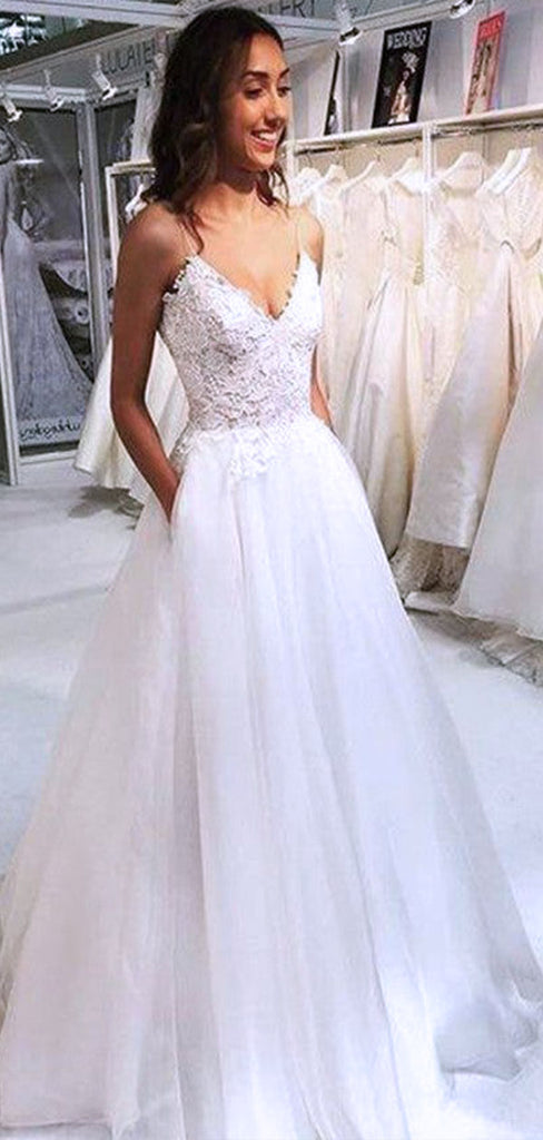 Simple Spaghetti Straps V Neck Sleeveless Lace Popular Long Bridal Dress, Wedding Dresses, CPD167