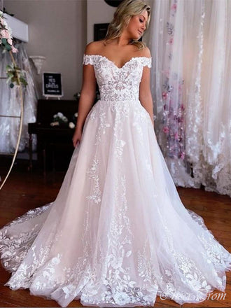Romantic Off Shoulder Sweetheart Sleeveless Lace Popular Long Bridal Dress, Wedding Dresses, CPD168