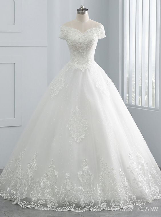 Elegant Off Shoulder V Neck Lace Up Applique Popular Bridal Long Wedding Dresses, CPD020