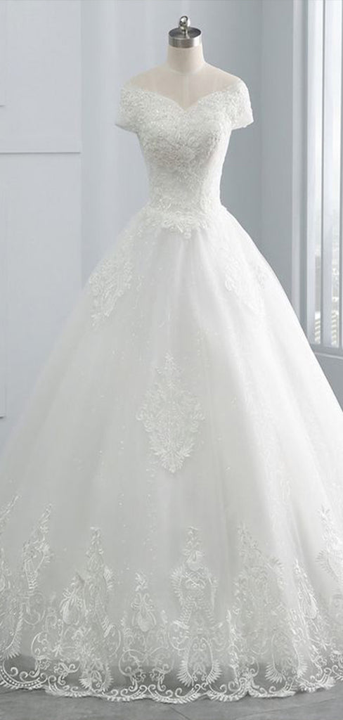 Elegant Off Shoulder V Neck Lace Up Applique Popular Bridal Long Wedding Dresses, CPD020