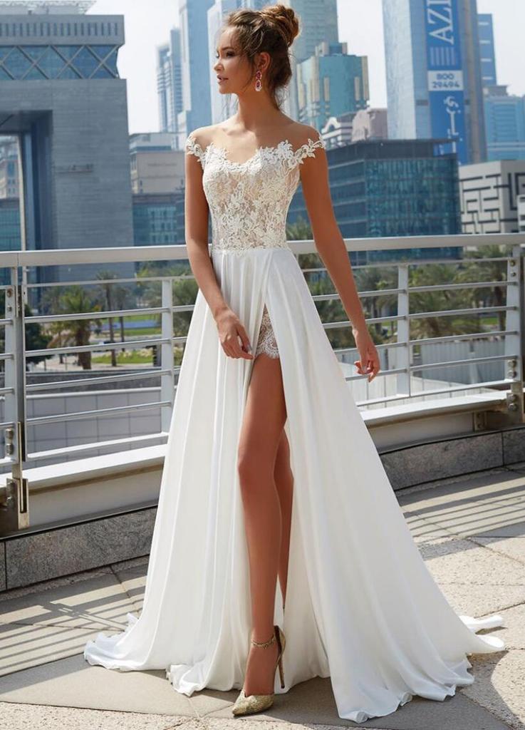 Elegant Off Shoulder V Neck Side Slit Applique Popular Bridal Long Wedding Dresses, CPD021