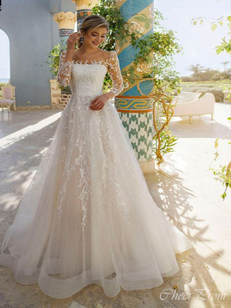 Elegant Lace Applique 3/4 Sleeve Bridal Dress, Wedding Dresses, CPD028