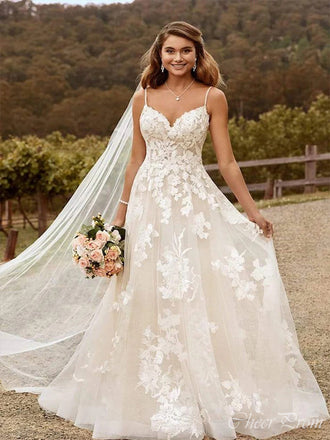 Elegant Spaghetti Straps V Neck Lace Applique Bridal Dress, Wedding Dresses, CPD029