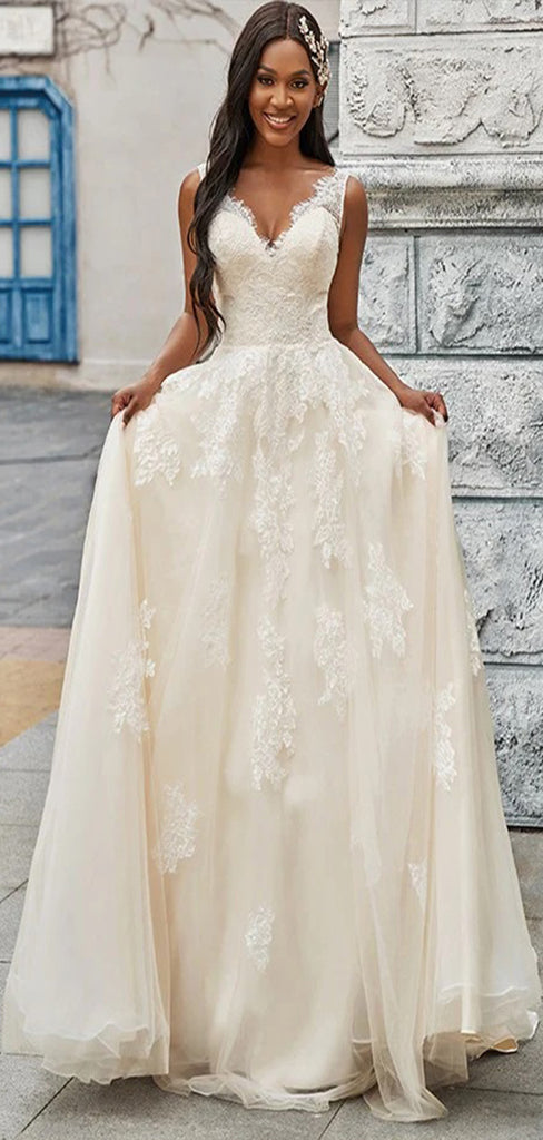 Sexy Lace Straps V Neck Applique Popular Bridal Dress, Wedding Dresses, CPD030