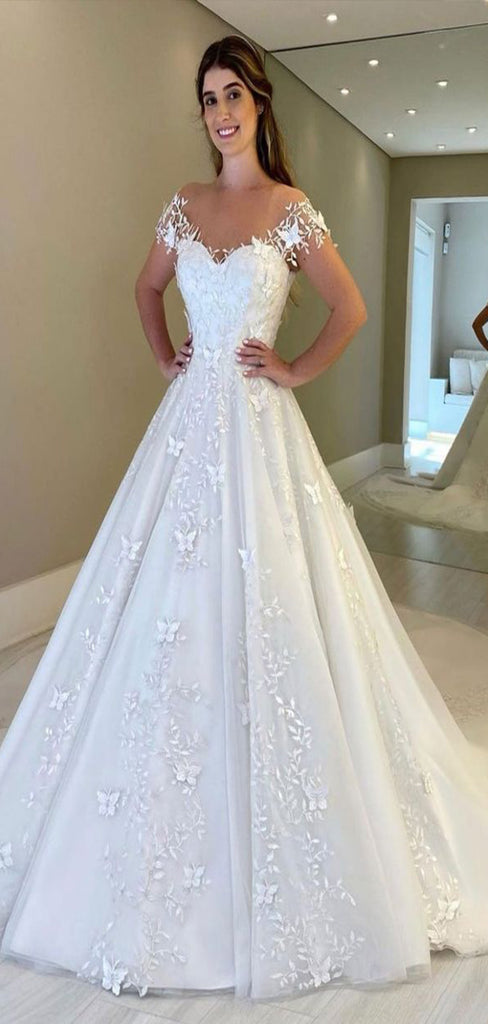 Gorgeous Off Shoulder Illusion Applique With Trailing Popular Long Bridal Dress, Wedding Dresses, CPD034