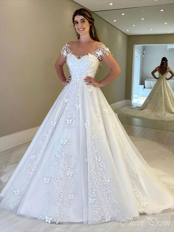 Gorgeous Off Shoulder Illusion Applique With Trailing Popular Long Bridal Dress, Wedding Dresses, CPD034