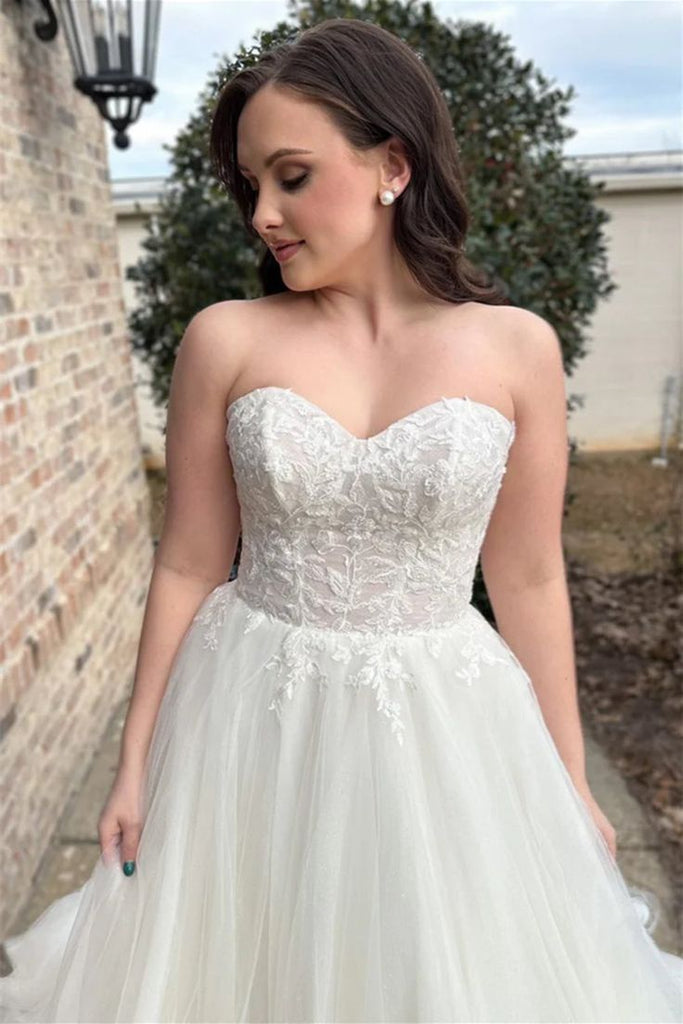 Gorgeous Strapless Top Lace Applique With Trailing Popular Long Bridal Dress, Wedding Dresses, CPD035