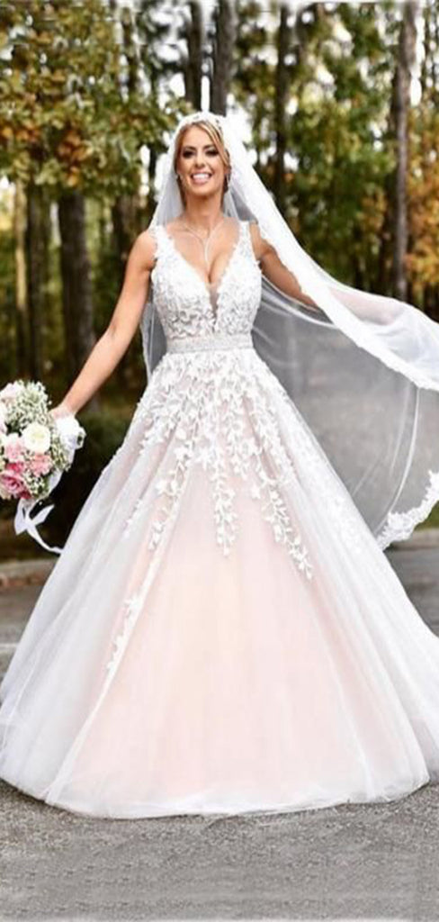 Gorgeous V Neck Lace Straps Applique Popular Long Bridal Dress, Wedding Dresses, CPD038