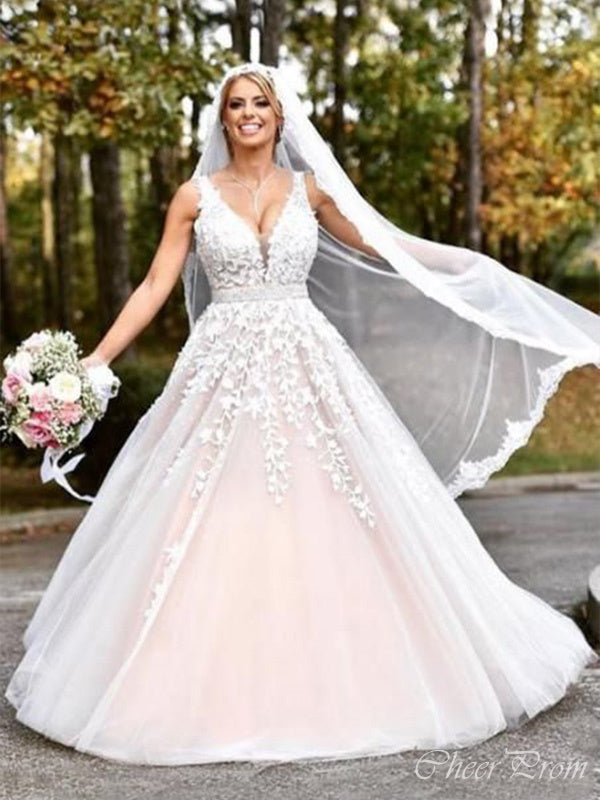 Gorgeous V Neck Lace Straps Applique Popular Long Bridal Dress, Wedding Dresses, CPD038