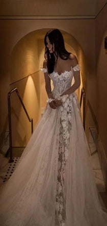 Elegant Tulle Off Shoulder Lace Applique Popular Long Bridal Dress, Wedding Dresses, CPD044
