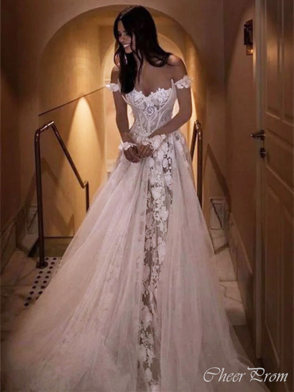 Elegant Tulle Off Shoulder Lace Applique Popular Long Bridal Dress, Wedding Dresses, CPD044