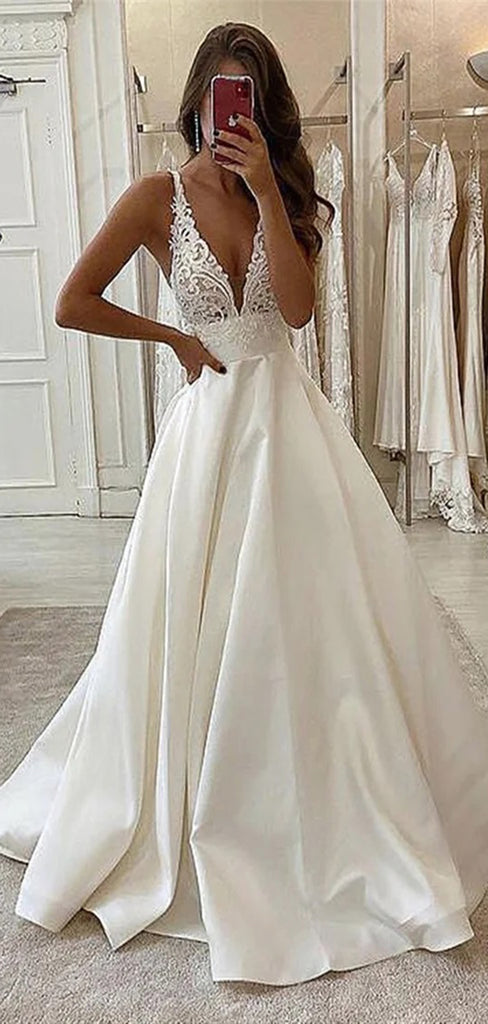 Elegant Spaghetti Straps V Neck Applique Popular Long Bridal Dress, Wedding Dresses, CPD047