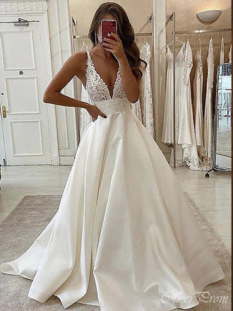 Elegant Spaghetti Straps V Neck Applique Popular Long Bridal Dress, Wedding Dresses, CPD047
