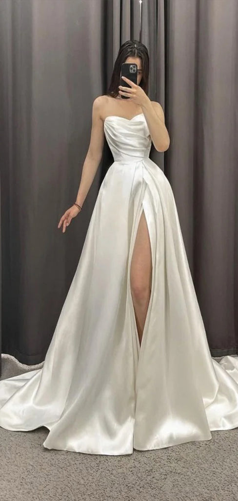 Elegant Strapless Side Slit Pleats Popular Long Bridal Dress, Wedding Dresses, CPD048