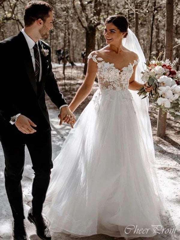 Romantic Lace Cap Sleeve V Neck Popular Long Bridal Dress, Wedding Dresses, CPD050