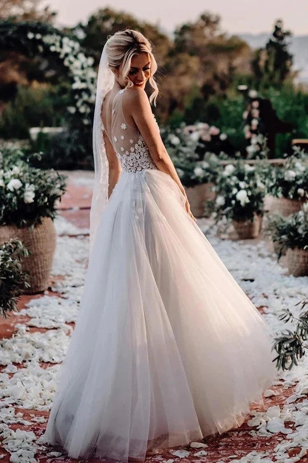 Gorgeous Tulle Straps V Neck Applique Popular Long Bridal Dress, Wedding Dresses, CPD052