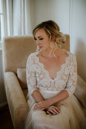 Elegant Lace V Neck 3/4 Sleeve Applique Popular Long Bridal Dress, Wedding Dresses, CPD053