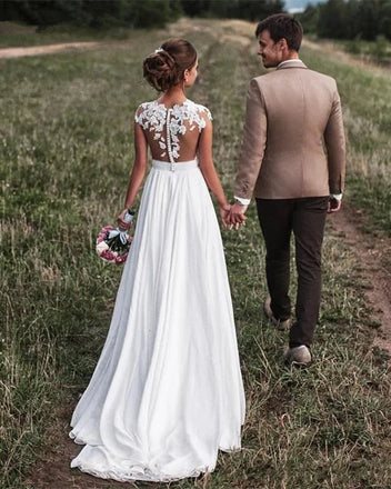 Romantic Lace Cap Shoulder V Neck Applique Popular Long Bridal Dress, Wedding Dresses, CPD054