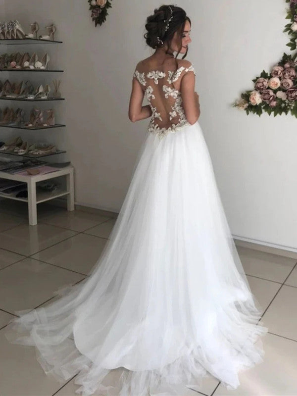 Romantic Tulle Off Shoulder Applique Popular Long Bridal Dress, Wedding Dresses, CPD055