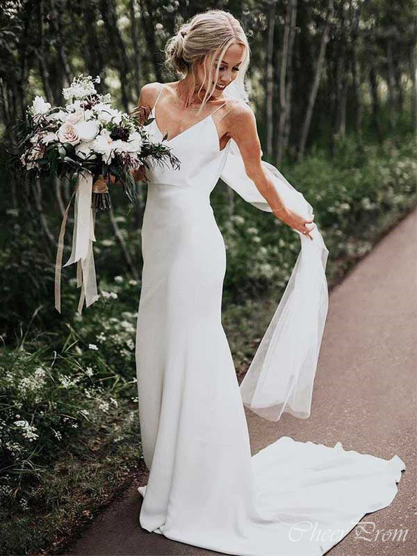 Simple Spaghetti Straps V Neck Sleeveless Popular Long Bridal Dress, Wedding Dresses, CPD176