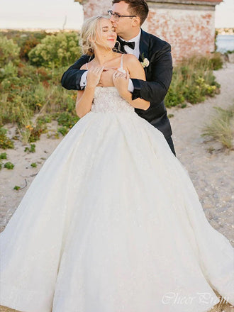 Gorgeous Lace Spaghetti Straps Sleeveless Applique Popular Long Bridal Dress, Wedding Dresses, CPD068