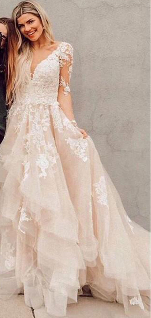 Gorgeous Lace V Neck Full Sleeve Applique Ruffle With Train Popular Long Bridal Dress, Wedding Dresses, CPD069