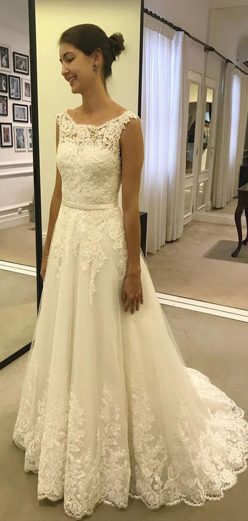 Romantic Lace Straps Sleeveless Applique Popular Long Bridal Dress, Wedding Dresses, CPD071