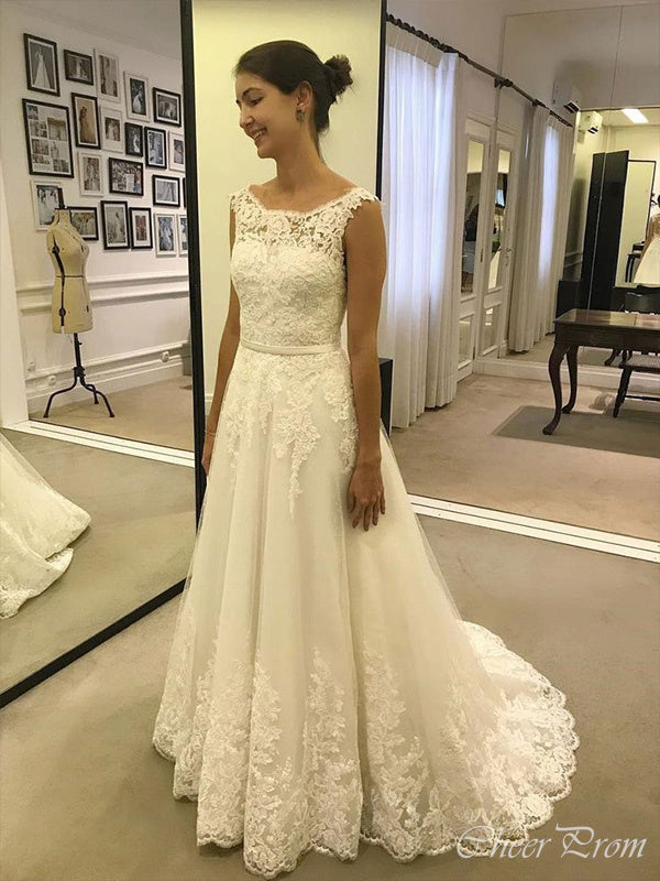 Romantic Lace Straps Sleeveless Applique Popular Long Bridal Dress, Wedding Dresses, CPD071