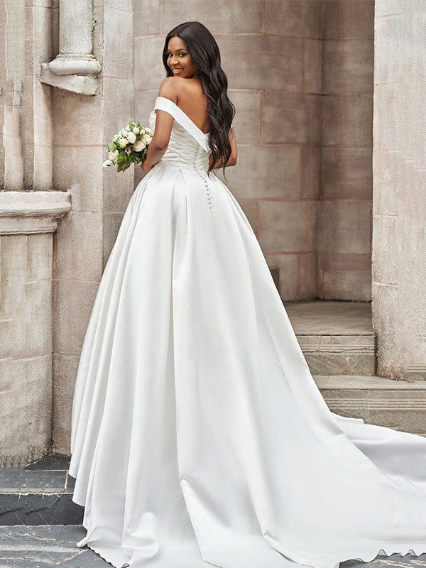 Romantic V Neck Off Shoulder With Train Popular Long Bridal Dress, Wedding Dresses, CPD077