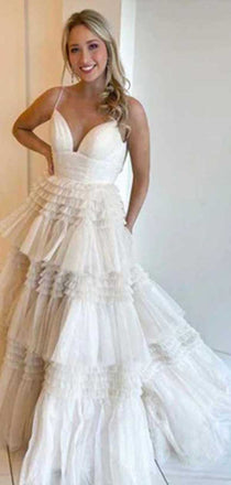 Elegant Spaghetti Straps V Neck Sleeveless Ruffle Popular Long Bridal Dress, Wedding Dresses, CPD179